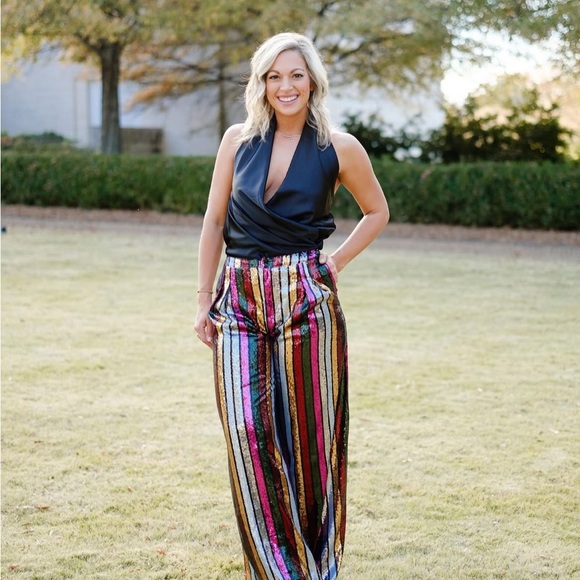 Fate Multicolor Sequined Striped Wide Leg Pants, New With Tags, Size Medium - Picture 2 of 9